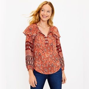 LOFT Bouquet Ruffle Tie Neck Blouse, NWT
